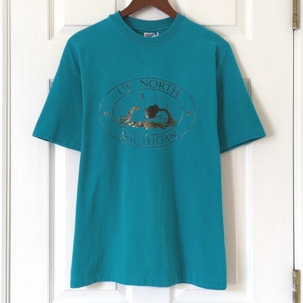 Hanes 90's Vintage Up North Michigan Graphic Short Sleeve Crewneck T-shirt Teal